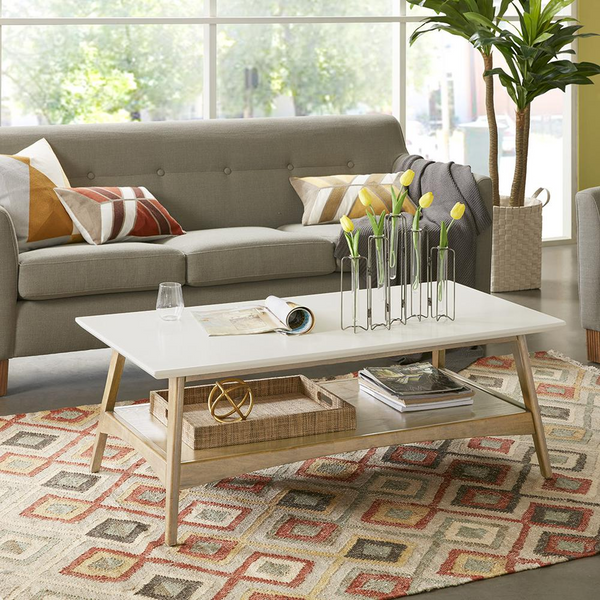 Mid-Century Modern Madison Park Parker Coffee Table with Storage Shelf, Off-White and Wood Finish