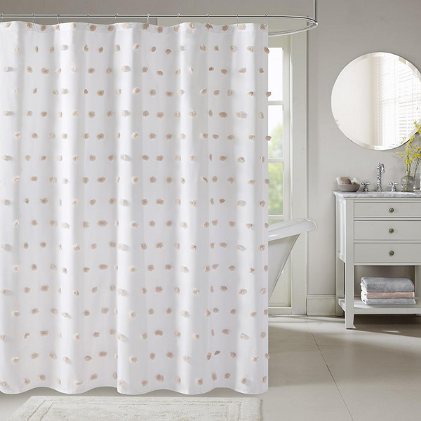 Sophie Solid White Shower Curtain with Blush Pom Poms