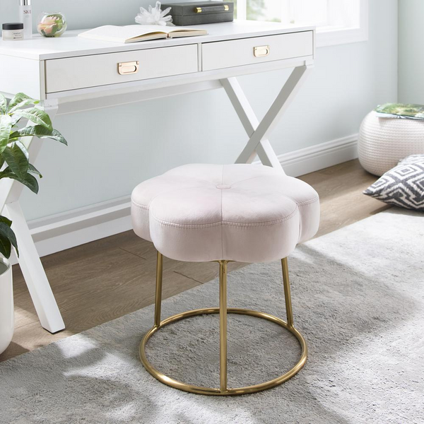 Seraphina Accent Vanity Stool, Pink - Elegant Boho Design with Plush Velvet & Gold Plated Base