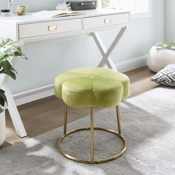 Seraphina Accent Vanity Stool, Green - Plush Velvet, Floral Inspired, Gold Base