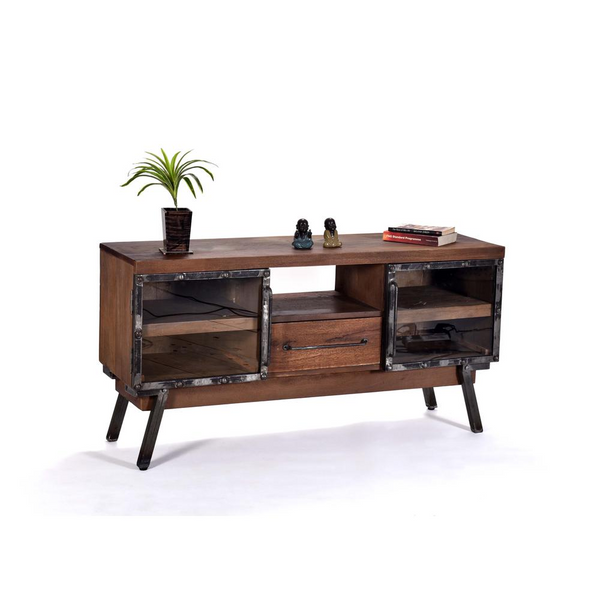 Industrial Modern Console Table, Caramel Wood & Iron Frame with Storage