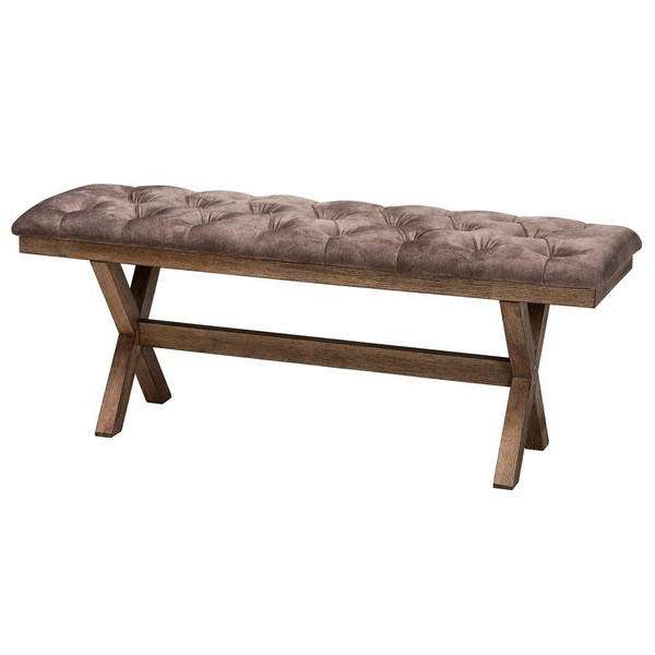 Farmhouse Chocolate Velvet Fabric and Rustic Brown Wood Bench - Elegant & Comfortable