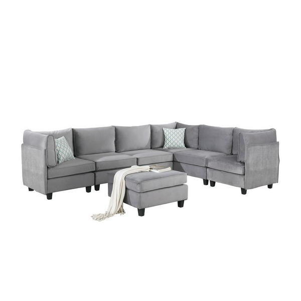 Simona Gray Velvet 7Pc Modular Sectional Sofa - Luxurious, Comfortable & Stylish Living Room Furniture