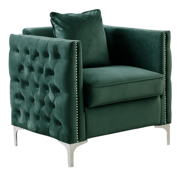 Bayberry Green Velvet Chair with 1 Pillow - Luxurious Comfort and Style