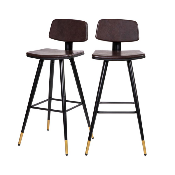 Low Back Barstools - Brown Upholstery - Black Iron Frame - Set of 2