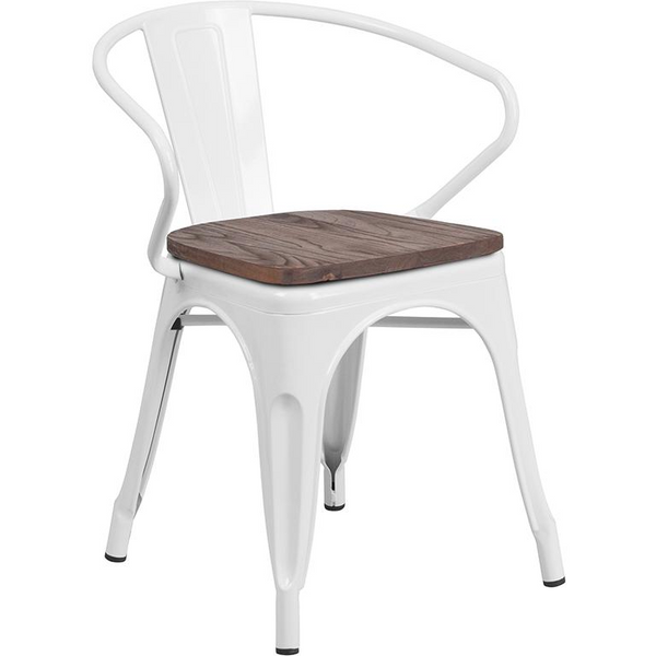 White Metal Chair with Wood Seat and Arms - Rustic-Chic Bistro Stack Chair