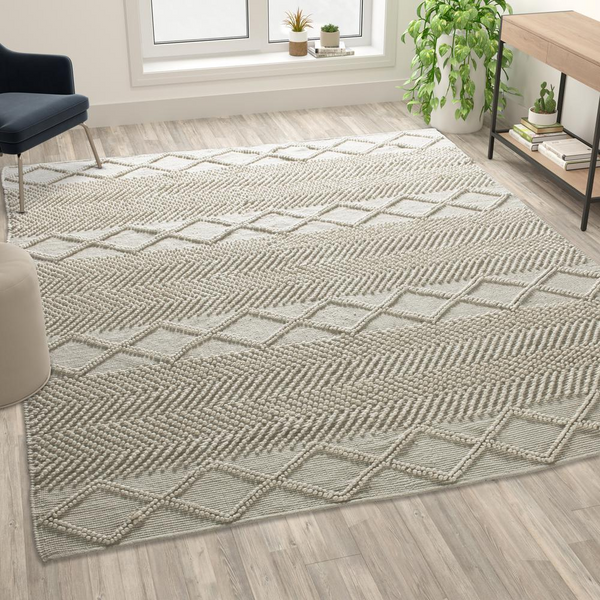 8' x 10' White and Ivory Geometric Design Handwoven Area Rug | Ultra-Soft Wool, Cotton, and Polyester Threads | Fade and Stretch Resistant Fibers | Easy to Clean