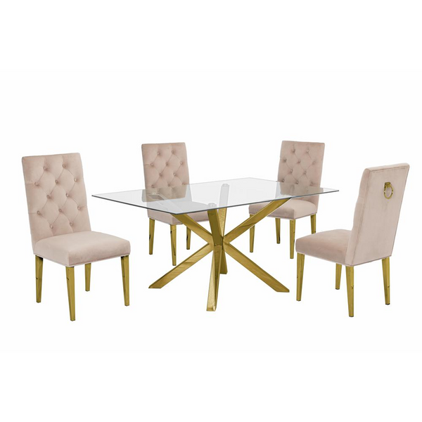 Contemporary 5pc Dining Set with Glass Table and Velvet Tufted Chairs, Stainless Steel Gold Base, Beige