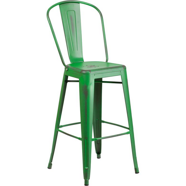 30" High Distressed Green Metal Indoor-Outdoor Barstool with Back - Stylish and Durable Barstool