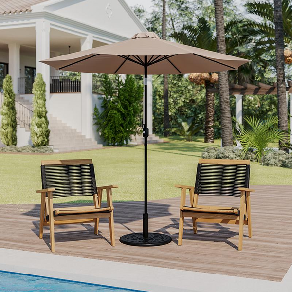 Tan 9 FT Round Umbrella with Crank and Tilt Function and Standing Umbrella Base - Shade and Style for Your Outdoor Space