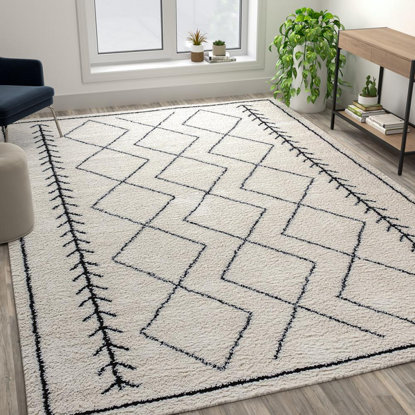 Geometric Style Bohemian Shag Area Rug - 8' x 10' - Ivory | Plush & Durable