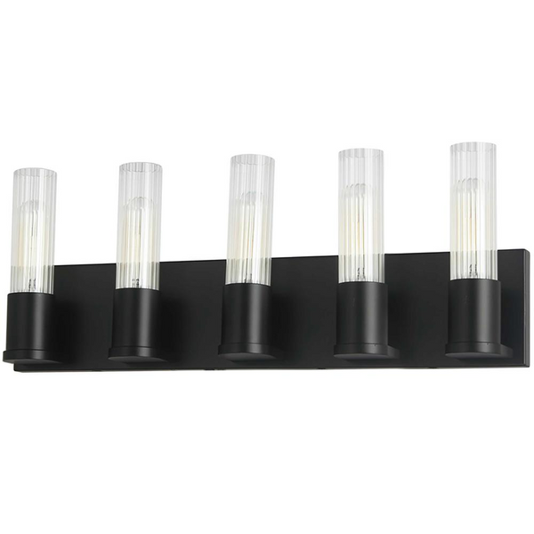 Elegant 5 LT Incandescent Vanity Light in Matte Black with Clear Fluted Glass