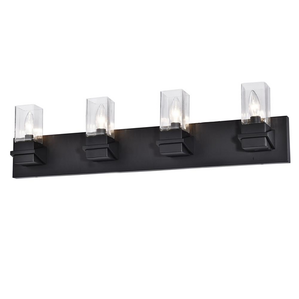 Stylish 4-Light Incandescent Vanity Fixture, Matte Black with Clear Glass – Perfect for Bathroom and Spa Rooms