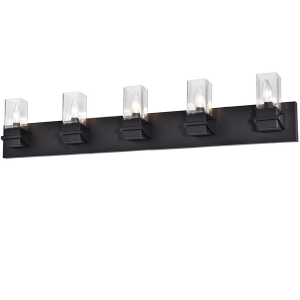 5-Light Incandescent Vanity Light, Matte Black with Clear Glass - Dimmable & UL Approved