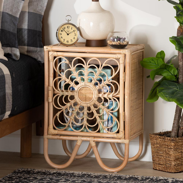 Acelin Modern Bohemian Natural Brown Rattan Nightstand | Bali & Pari