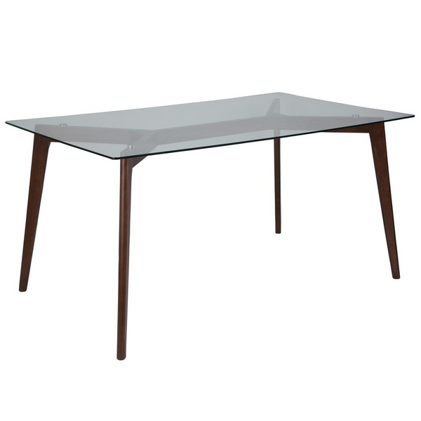 35.25" x 59" Rectangular Solid Walnut Wood Table with Clear Glass Top - Modern Dining Table for Kitchen & Dining Room