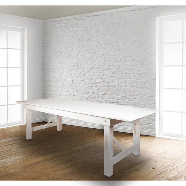 9' x 40" Rectangular Antique Rustic White Solid Pine Folding Farm Table - Durable & Stylish Dining Table for Home & Business