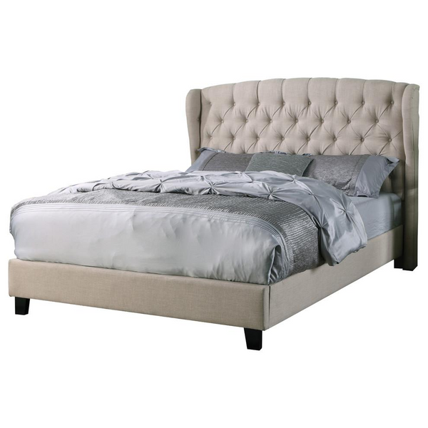 Frances Platform Bed, Queen Size - Beige Upholstered Solid Wood Frame with Tufted Button Design