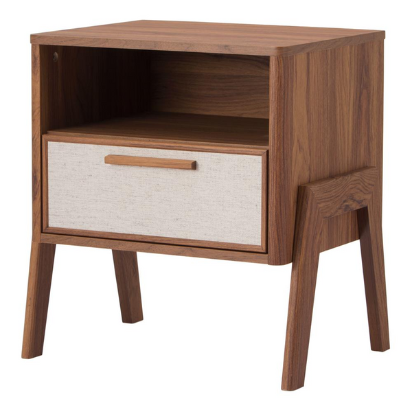 Heaton Side Table 1 Drawer - Modern Style, Linen-Color Drawer Front, Walnut-Like Veneers