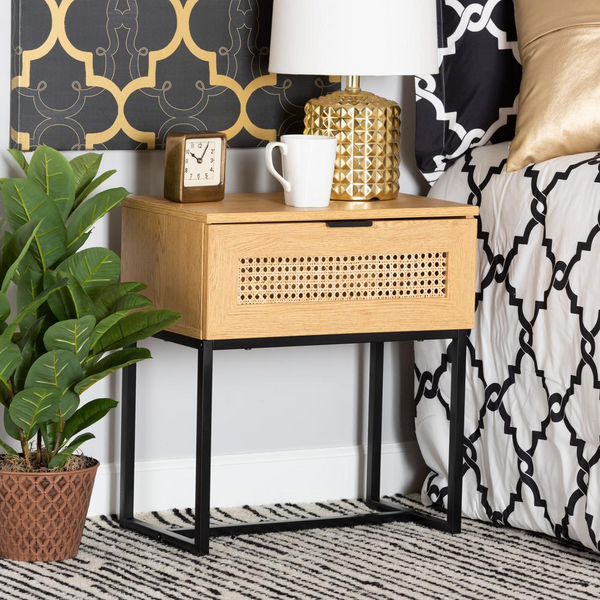 Black Metal 1-Drawer End Table with Natural Rattan | Mid-Century Modern Industrial Design