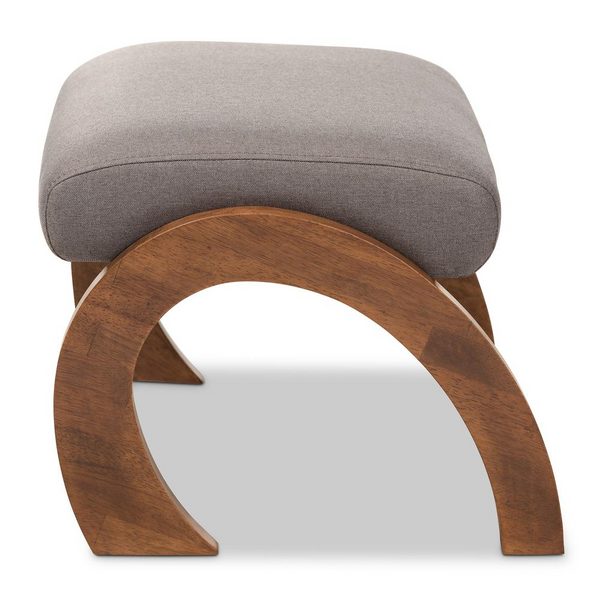 Modern Grey Fabric Upholstered Ottoman with Walnut Brown Finished Wood Legs