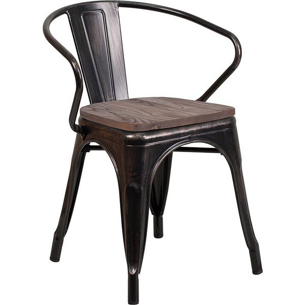 Rustic-Chic Black-Antique Gold Metal Chair with Wood Seat and Arms