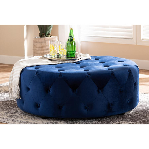 Transitional Royal Blue Velvet Button Tufted Cocktail Ottoman - Chic & Luxurious