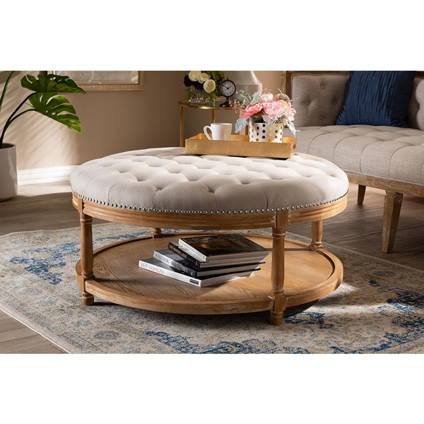 Elegant White-Washed Oak Wood Button-Tufted Cocktail Ottoman with Shelf - Versatile and Stylish