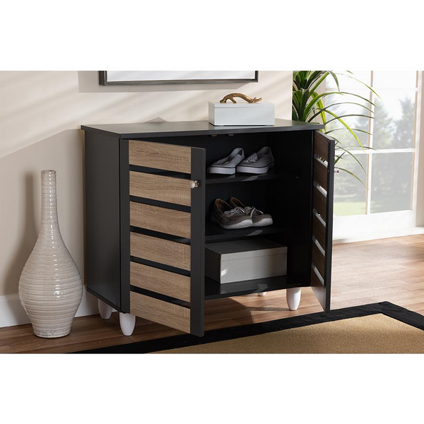 Two-Tone Oak and Dark Gray 2-Door Shoe Storage Cabinet