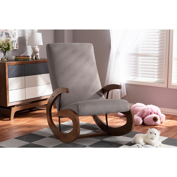 Gray Fabric Upholstered and Walnut-Finished Wood Rocking Chair