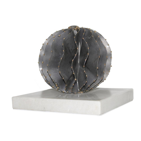 Elegant Iron Orb with Brass Accents on Marble Base - Perfect Decorative Piece