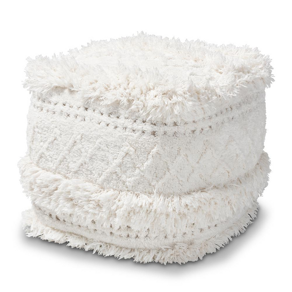 Baxton Studio Curlew Moroccan Inspired Ivory Handwoven Cotton Pouf Ottoman - Bohemian Fleece-Like Comfort