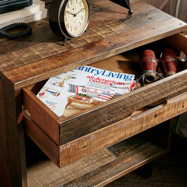 Solid Wood Nightstand with Metal Frame - Rustic Pine | 1 Drawer & Extra Storage