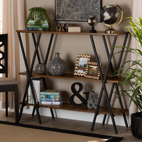 Stylish Black Finished Metal Console Table with Walnut Brown Shelves - Industrial & Rustic Design