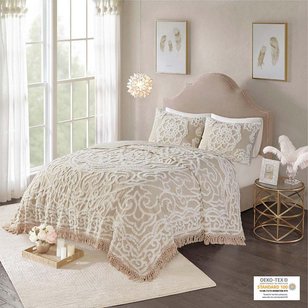 Tufted Cotton Chenille Medallion Fringe Coverlet Mini Set