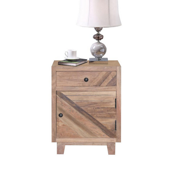 Handcrafted Tan Nightstand - Reclaimed Wood & Diagonal Patterns - Modern Side Table