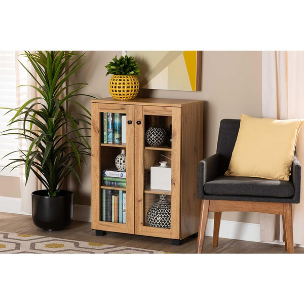 Oak Brown Finished Wood 2-Door Storage Cabinet with Glass Doors