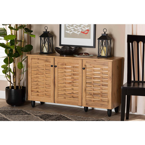 Winda Modern and Contemporary Oak Brown Finished Wood 3-Door Shoe Cabinet