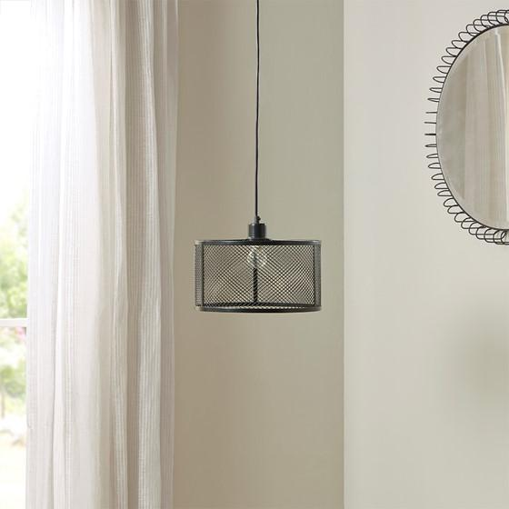 Industrial Metal Mesh Pendant Light - Modern Black Caged Drum Shade - 76-Inch Adjustable Height