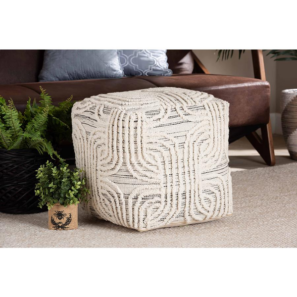 Bohemian Ivory and Black Handwoven Wool Blend Pouf Ottoman - Elegant Geometric Pattern, Cozy Footstool or Extra Seat