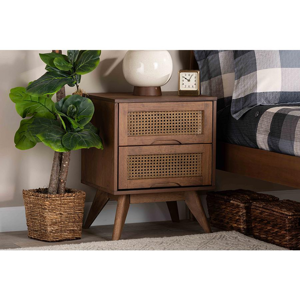 Modern Walnut Brown Finished Wood and Synthetic Rattan 2-Drawer Nightstand | Stylish Bedroom Storage