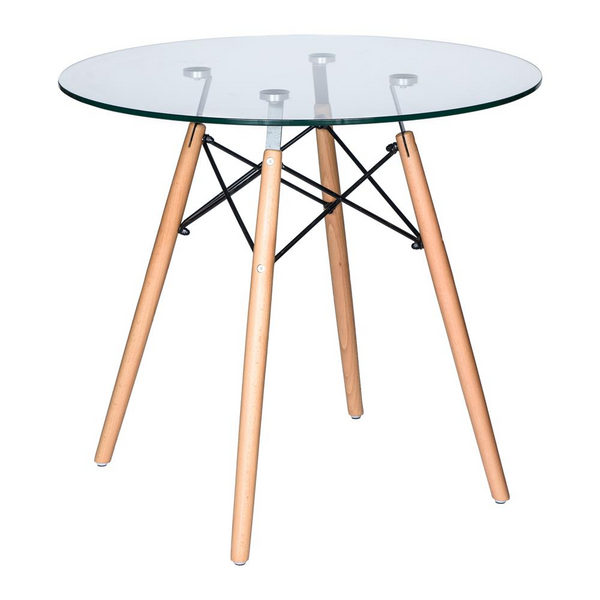 Dover Round Bistro Glass Top Dining Table with Natural Wood Eiffel Base - Modern & Elegant Design