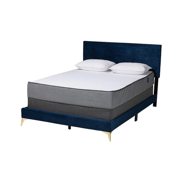 Navy Blue Velvet and Gold Metal Queen Size Panel Bed - Luxurious and Elegant