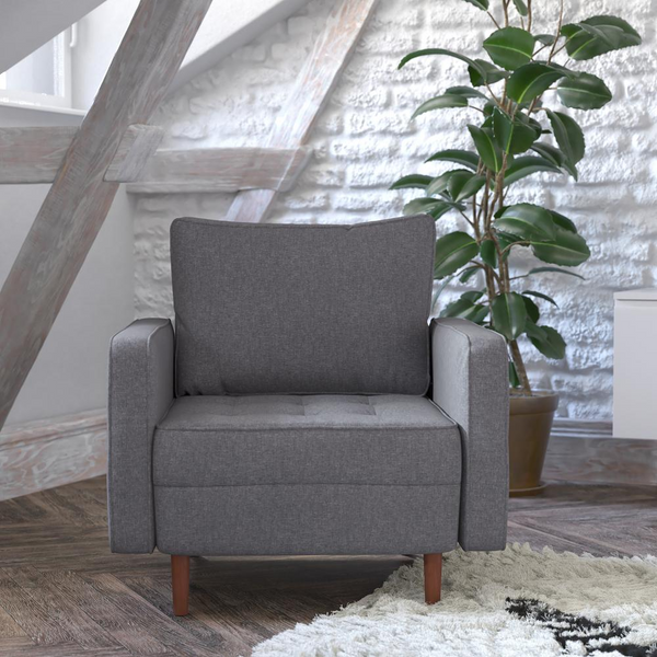 Armchair with Tufted Faux Linen Upholstery, Solid Wood Legs in Dark Gray