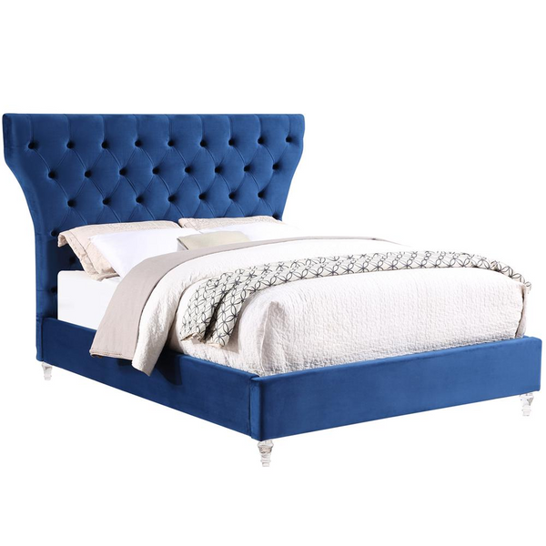 Bellagio Navy Tufted Velvet Queen Platform Bed with Acrylic Legs