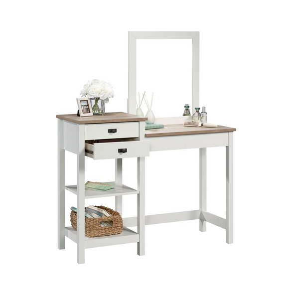 Cottage Road Vanity Soft White with Framed Mirror and Storage Shelves