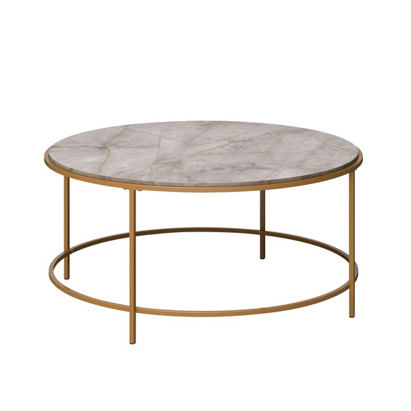 International Lux Metal and Wood Coffee Table with Round Deco Stone Top - Elegant and Modern Design