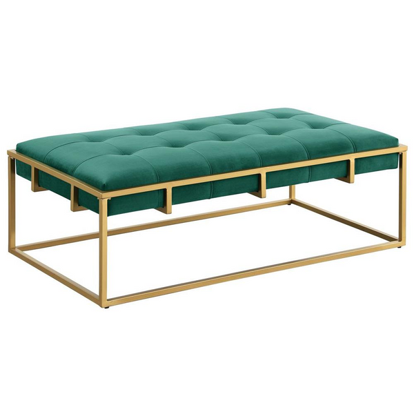 Shalev Velvet Accent Ottoman in Green with Gold Frame - Luxurious Upholstery & Modern Design