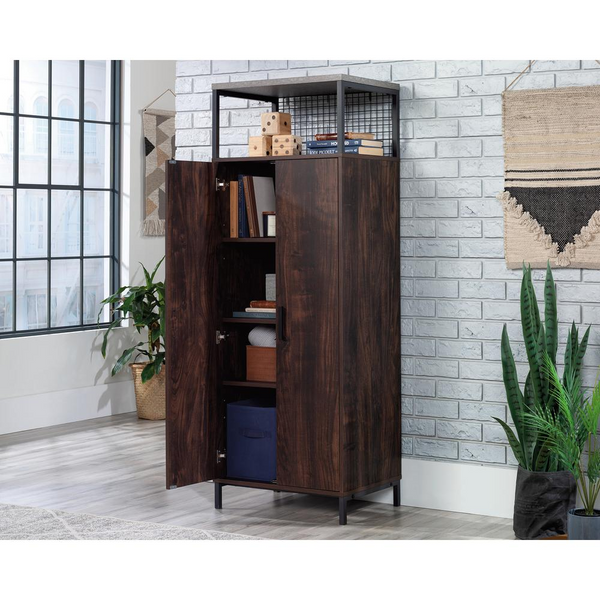 2-Door Storage Cabinet in Rich Walnut - Industrial Style with Adjustable Shelves and Metal Accents