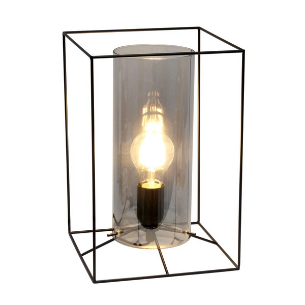 Large Exposed Glass and Metal Table Lamp, Black/Smoke - Modern Industrial Design